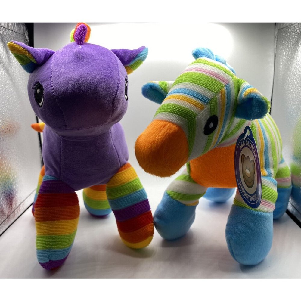 Set of 2 colorful Horse/dragon plushies by A&A Global Industries, Inc. 8”, 9”
